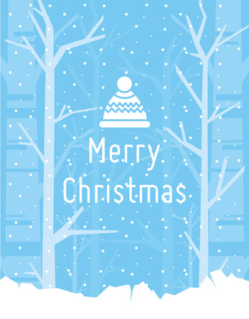 Vector illustration of christmas greeting card with white trees and snow on blue background and winter landscape in flat style.のイラスト素材