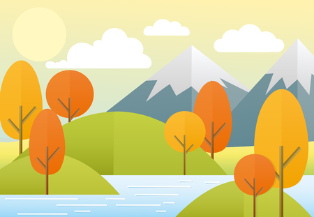 Vector illustration flat autumn nature landscape. Colorful nature, mountains, lake, sun, trees, clouds. Autumn view in trendy flat cartoon style.のイラスト素材