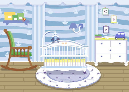 Vector illustration of a beautiful and lovely child s room for a baby boy in blue color with furniture, toys in flat style.のイラスト素材