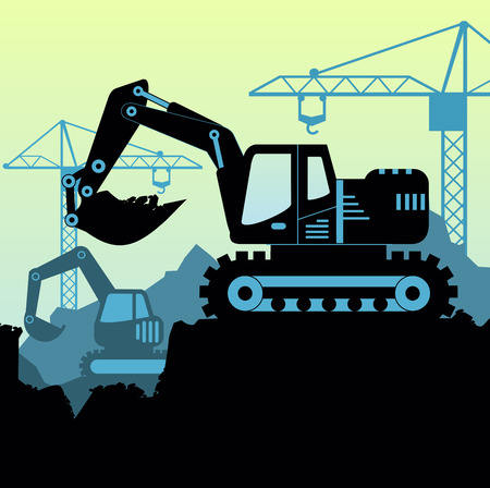Vector background illustration of excavator loader tractor digging ground earth industrial construction site in flat style.のイラスト素材