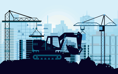 Vector illustration of ground works on construction concept. Excavator digging ground silhouette of buildings and cranes on background in flat style.のイラスト素材