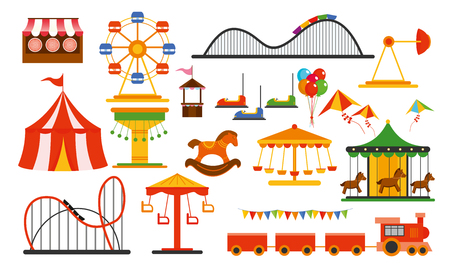 Vector illustration amusement park elements on white background. Family rest in rides park with colorful ferris wheel, carousel, circus in flat style.のイラスト素材