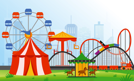 Vector illustration amusement park elements on modern city background. Family rest in rides park with colorful ferris wheel, carousel, circus in flat style.のイラスト素材