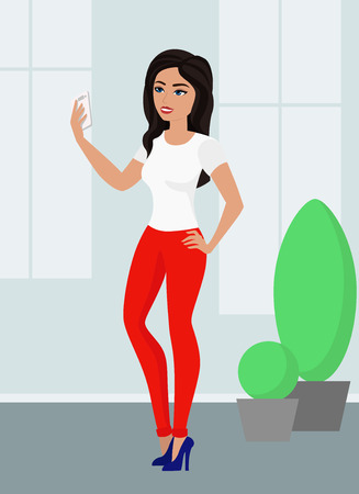 Vector illustration of cute cartoon girl taking selfie with her cell phone on the street in flat style.のイラスト素材