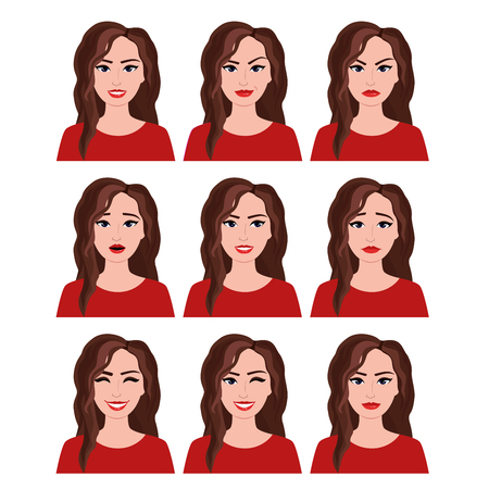 Vector illustration of woman with different facial expressions set. Emotions set on white background in flat style.のイラスト素材