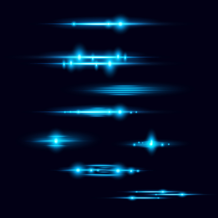 A Vector illustration of realistic lens flare elements collection. Light effect, flashes of light on dark blue background.のイラスト素材