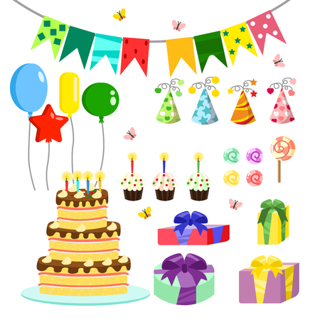 Vector illustration of birthday party colorful accessories and decoration, sweet treats, cakes, balloons, candies and giftsのイラスト素材