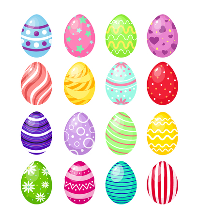 A Vector illustration set of color Easter eggs with patterns, traditional colorful and bright symbol of Easter isolated on white background.のイラスト素材