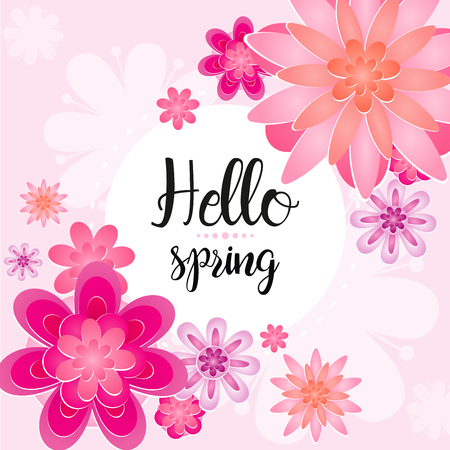 A Vector illustration of beautiful greeting card Hello Spring letter decorating with leaf and flower in pink colors.のイラスト素材