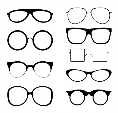 Vector illustration set of silhouettes sunglasses isolated on white color background. Glasses model icons in trendy and vintage, hipster shapes, different 80th and 90th style.のイラスト素材