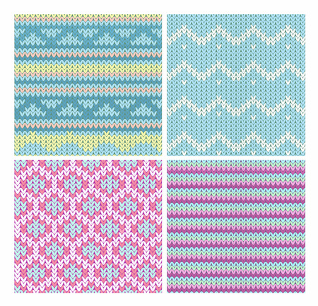Vector illustration collection of seamless knitting fabric patterns with stylized winter ornament in blue and pink colors.のイラスト素材