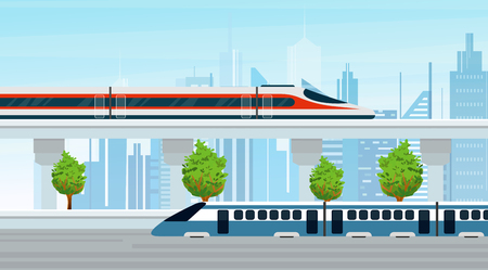 Vector illustration of modern trains go through the urban buildings city. Public transportation, city background in flat style.のイラスト素材