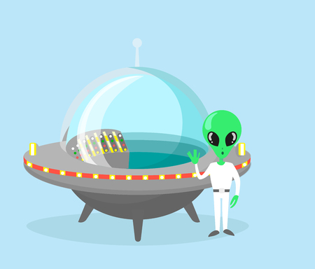 Vector illustration of cute and nice alien character with spaceship on light blue color background.のイラスト素材