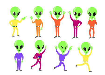 Vector illustration set of happy green aliens characters in different poses and bright clothes on white background. Emotional UFO aliens collection on white background.のイラスト素材