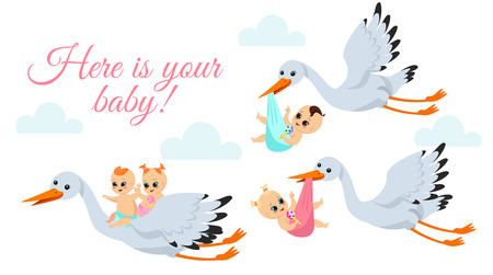 Vector illustration of happy flying storks with newborn babies. Stork birds carrying baby boy and baby girl in bags in cartoon flat style.のイラスト素材