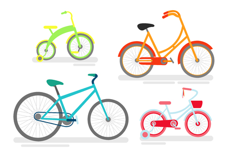 Vector illustration set of bicycles, bike cycling cyclist, transportation type, bicycles in bright green, pink and blue colors for kids and adults in cartoon style.のイラスト素材