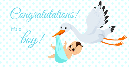 Vector illustration of happy stork carrying cute baby boy in bag. It s a boy Newborn baby concept in cartoon style for greeting card.のイラスト素材