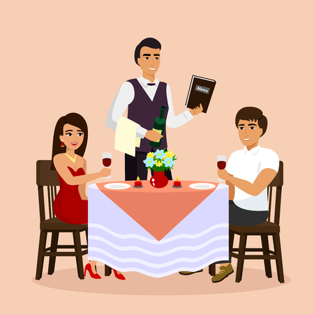 Vector illustration of loving couple in restaurant with waiter, drinking wine in a cafe. Man and woman have a date, flat cartoon style.のイラスト素材