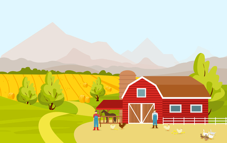 Vector illustration of mountain countryside landscape with red farm barn in cartoon flat design.のイラスト素材