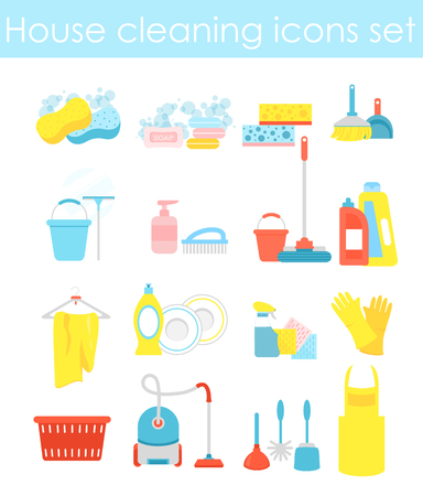 Vector illustration of house cleaning icons set, colorful and bright collection of elements for cleaning as a scraper, brush and bucket on white background in flat style.のイラスト素材