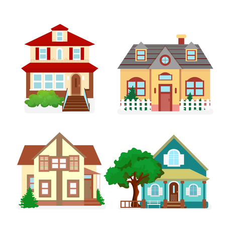 Vector illustration set of cute colorful houses. Country flat buildings in cartoon style.のイラスト素材