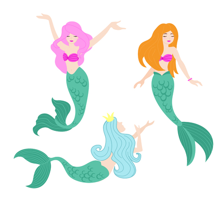 Vector illustration set of beautiful swimming mermaids with pink, blue and orange hair in different poses in flat cartoon style.のイラスト素材