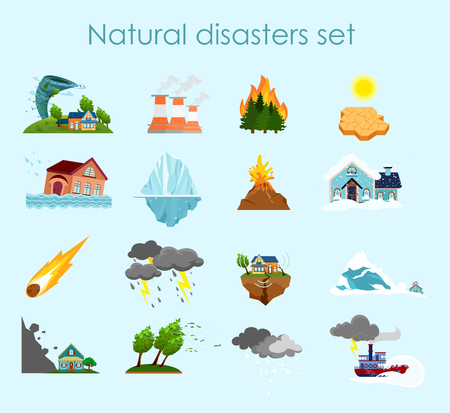 A Vector illustration collection of color icons natural disasters on light blue background, set of elements storm, fire and hurricane.のイラスト素材
