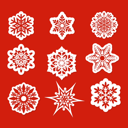 Vector illustration of beautiful snowflakes set for christmas winter design in flat style on red background.のイラスト素材