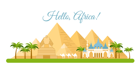 A Vector illustration of Africa travel concept. Pyramid symbol of Egypt, background Hello Africa, Tourism and traveling concept in flat style.のイラスト素材