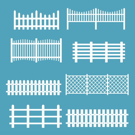 A Vector illustration set of different fences white color. Rural silhouettes wooden fences, pickets vector for garden in flat style.のイラスト素材