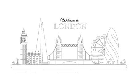 A Vector illustration of line design London concept. Modern London city with most famous buildings. Flat line graphic on white background.のイラスト素材