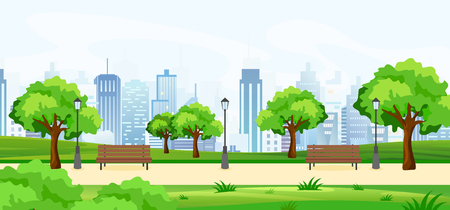 Vector illustration of a beautiful summer park, with green trees and benches, panoramic view on big modern cityscape with skyscrapers. Flat cartoon style.のイラスト素材