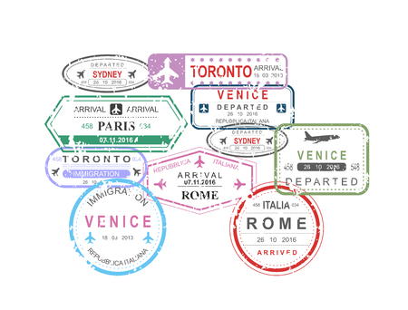 Vector illustration of International travel  passport stamps in car shape composition on white background, travel conceptのイラスト素材