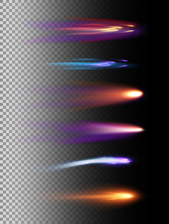 Vector illustration set of light effects,space meteor and comet in different colors and shapes on transparent background.のイラスト素材