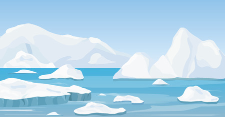 Vector illustration of cartoon nature winter arctic landscape with iceberg, blue pure water and snow hills, mountains.のイラスト素材
