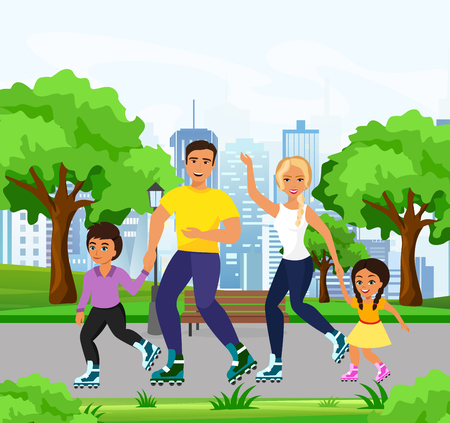 vector illustration of happy and smiley family skating on roller skates in the park. Dad, mom, daughter and son skating together in big city park in a flat cartoon style.のイラスト素材