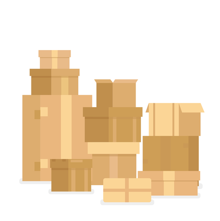 Vector illustration pile of stacked sealed goods cardboard boxes. Delivery boxes and containers isolated on white background in flat cartoon style.のイラスト素材