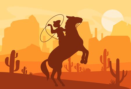 Vector illustration of silhouette of cowboy catching wild horse at sunset with beautiful Wild west Texas desert on background in flat style.のイラスト素材