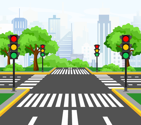 Vector illustration of streets crossing in modern city, city crossroad with traffic lights, markings, trees and sidewalk for pedestrians. Beautiful cityscape on background.のイラスト素材