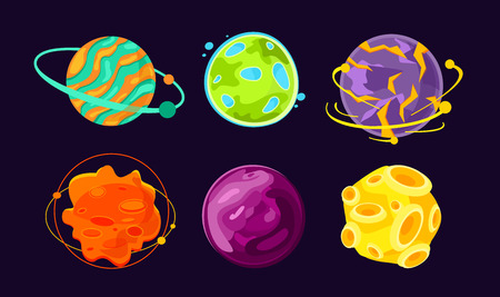 Vector illustration set of cartoon planets, Space, asteroid, colorful fantastic world icons.のイラスト素材