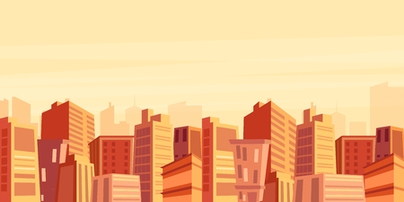 Beautiful big city view with skyscrapers in sunset time, cityscape, modern city concept in flat cartoon style vector illustration.のイラスト素材