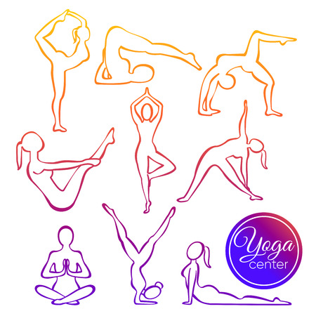 Vector illustration set of yoga poses in line silhouette style. Colorful Fitness Concept, healthy lifestyle.のイラスト素材