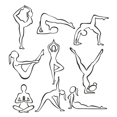 Vector illustration set of contour silhouettes of slim girl practicing yoga positions, line shapes of woman doing yoga, fitness workout concept.のイラスト素材