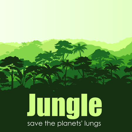Vector illustration of green silhouette tropical forest abstract background with text Jungle save the planets lungs. Nature and environment conservation, save jungle concept in flat design.の写真素材