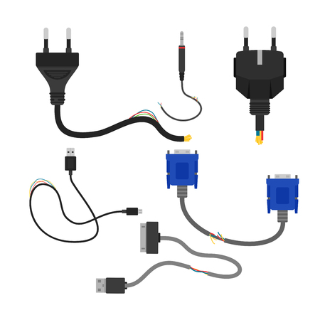 Vector illustration of damaged broken electric cables collection isolated on white background. Cable cut, vga and usb in flat cartoon style.のイラスト素材