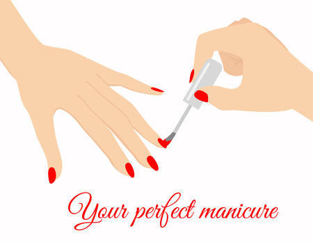 Vector illustration of elegant woman hand doing manicure, nail polish red color on the white background with place for text in flat style.のイラスト素材