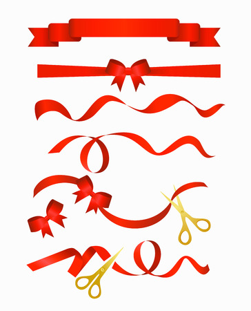 Vector illustration of red ribbons collection with golden scissors, isolated on white background.のイラスト素材