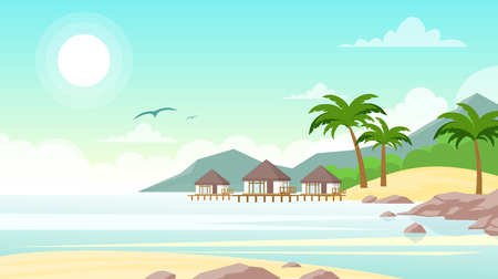 Vector illustration of sea beach with hotel. Beautiful small villas on the ocean seaside. Summer landscape, vacation concept in flat style.のイラスト素材