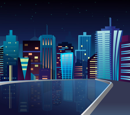 Vector illustration of night cityscape with lake and lights reflection.のイラスト素材