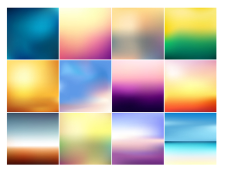 Vector illustration set of 12 square blurred backgrounds in pastel colors. Beautiful sunset gradients and sunrise sea blurred background collection.のイラスト素材